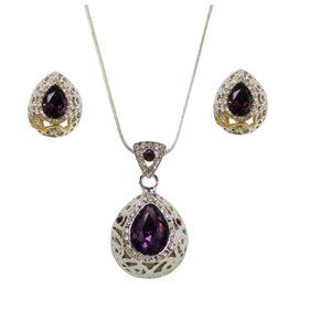 Purple amethyst crystal pendant necklace and earring set in teardrop shape - New